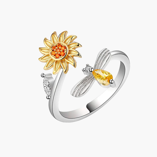 silver adjustable bee and sunflower anxiety ring